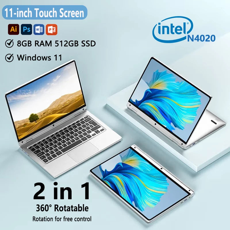 2 in 1 mini Laptop Computer Portable Touch Screen 11.6" Intel N4020 8GB 512GB Windows 11 Pro Office Learning Tablet PC Notebook
