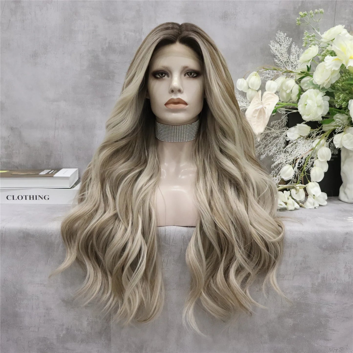 Ombre Ash Blond Premium Synthetic Wigs Wholesale Not Shiny Matte Luxury Heat Resistant Synthetic Lace Front Wig for Women