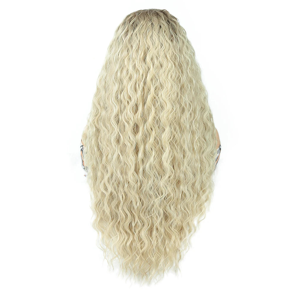 Wholesale High Temperature Fiber 28 Inches Long Curly Lace Wigs for Women Ombre Blonde Ginger Synthetic Lace Front Wigs