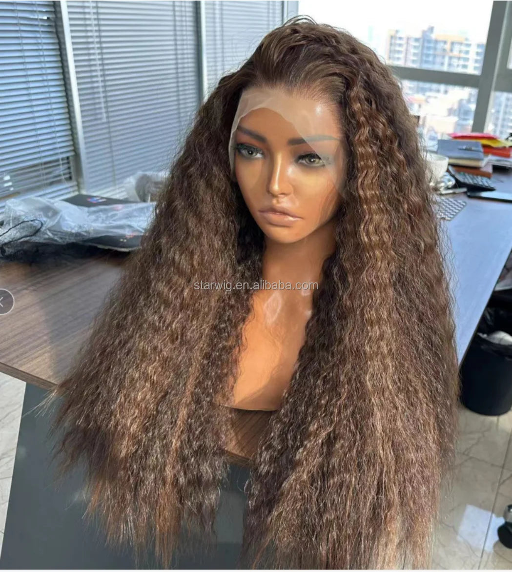 Hot Selling Pre Plucked Hairline 613# Kinky Straight Heat Resistant Glueless Synthetic Lacefront Wig for Black Womens Daily Use