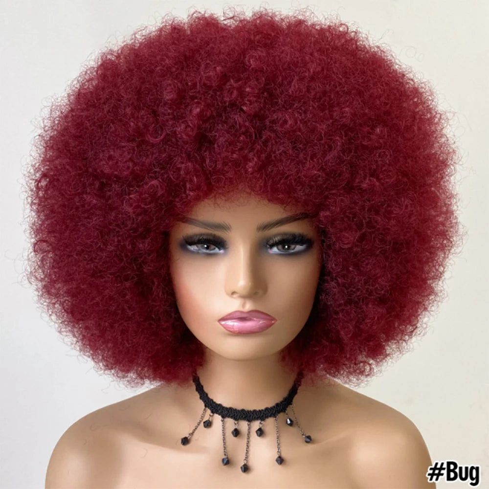 Short Hair Afro Kinky Curly Wigs With Bangs for Black Women African Synthetic Ombre Glueless Cosplay Natural Blonde Red Blue Wig