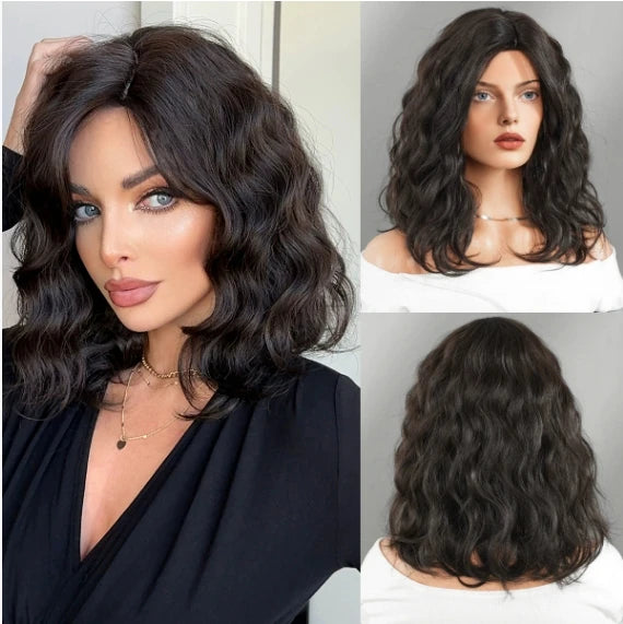 Dark Brown Water Wigs for Women Wavy Middle Part Synthetic Medium Shoulder Length Wig Soft Natural Looking Hair Wig