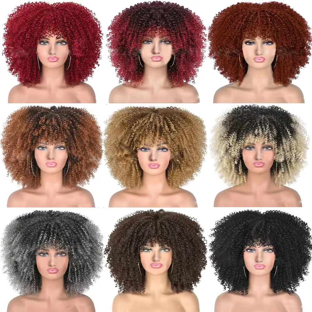 Afro Kinky Curly Wigs With Bangs for Black Women High Temperature African Synthetic Ombre Glueless Cosplay Wigs