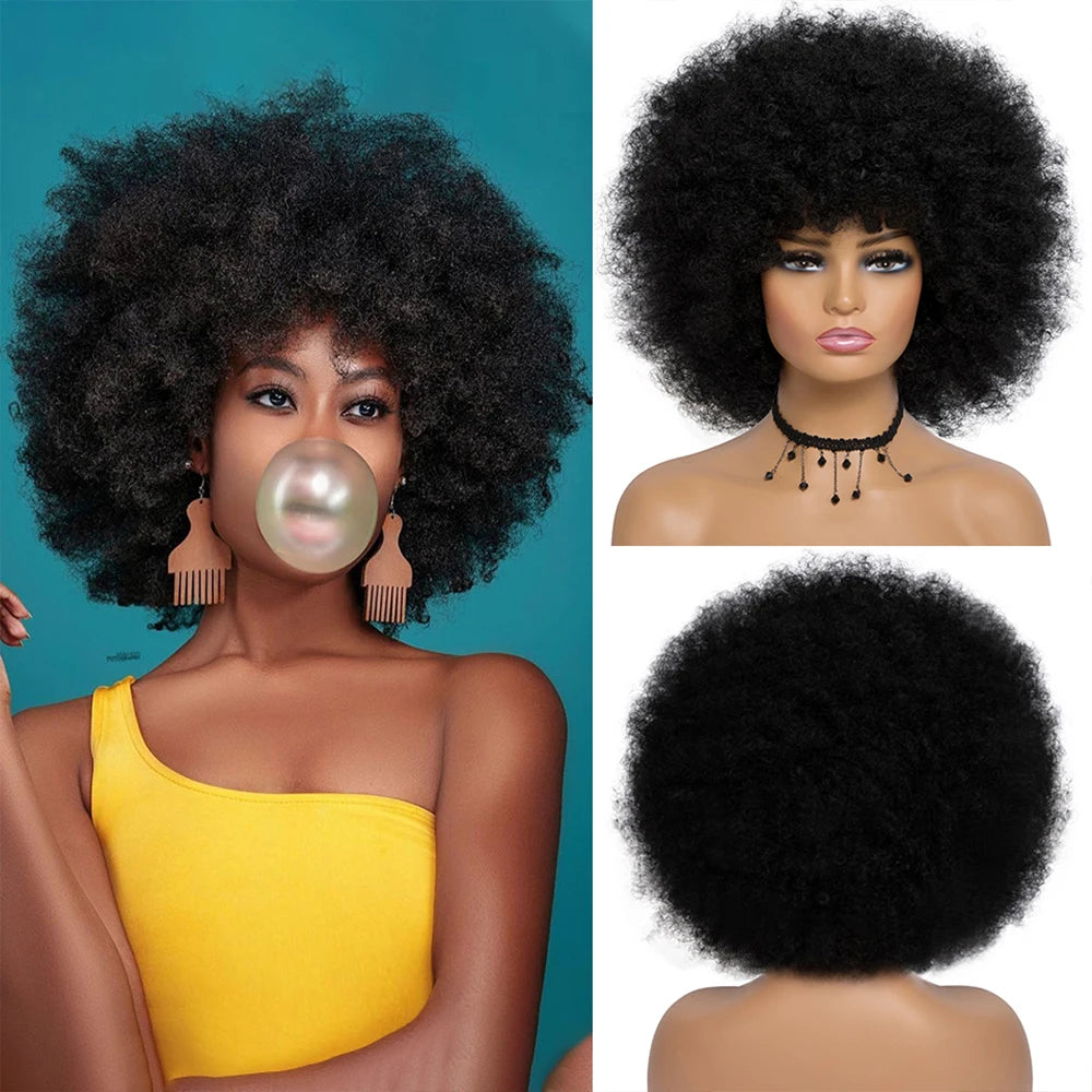 Short Hair Afro Kinky Curly Wigs With Bangs for Black Women African Synthetic Ombre Glueless Cosplay Natural Blonde Red Blue Wig