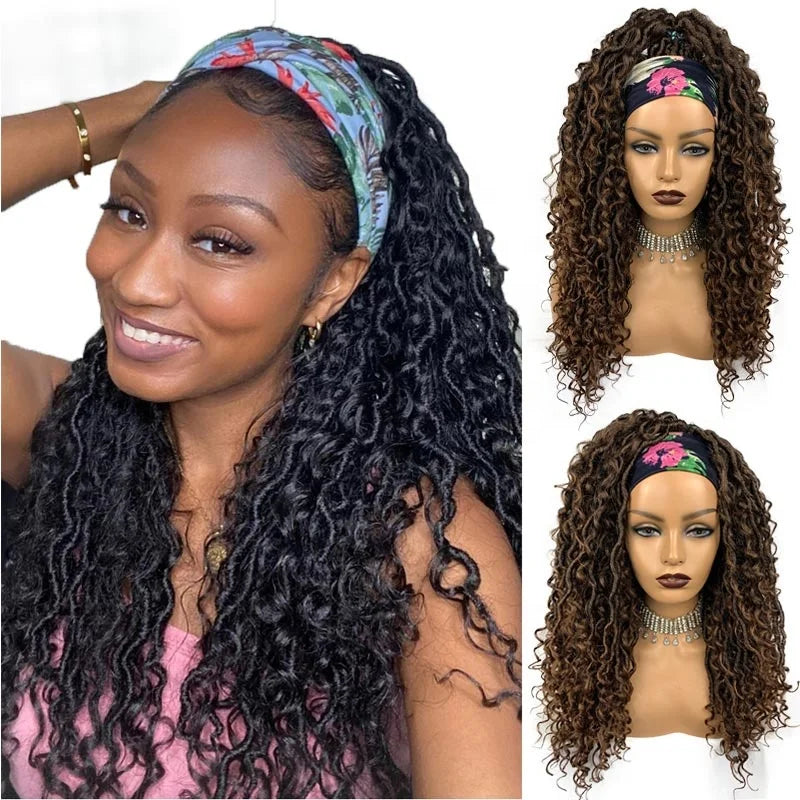 Long Headband Synthetic Braided Wigs With Curly Faux Locs Crochet Braiding Hair Dreadlocks Wrap Wigs for Black Women