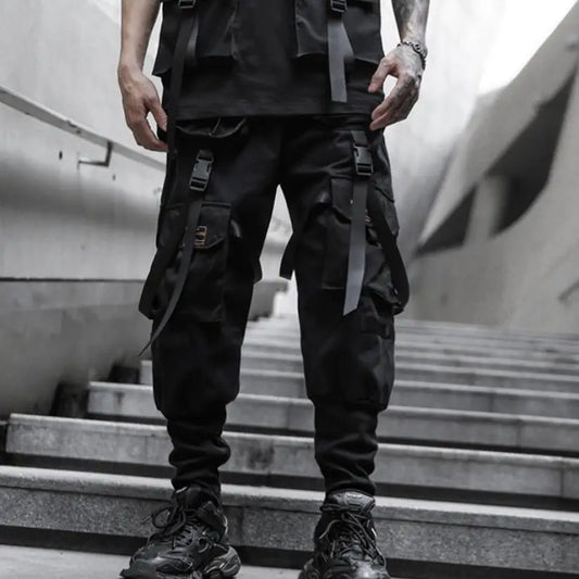 2021 Mens casual ribbons techwear cargo pants with many pockets man harajuku vintage punk harem pants hip hop trousers