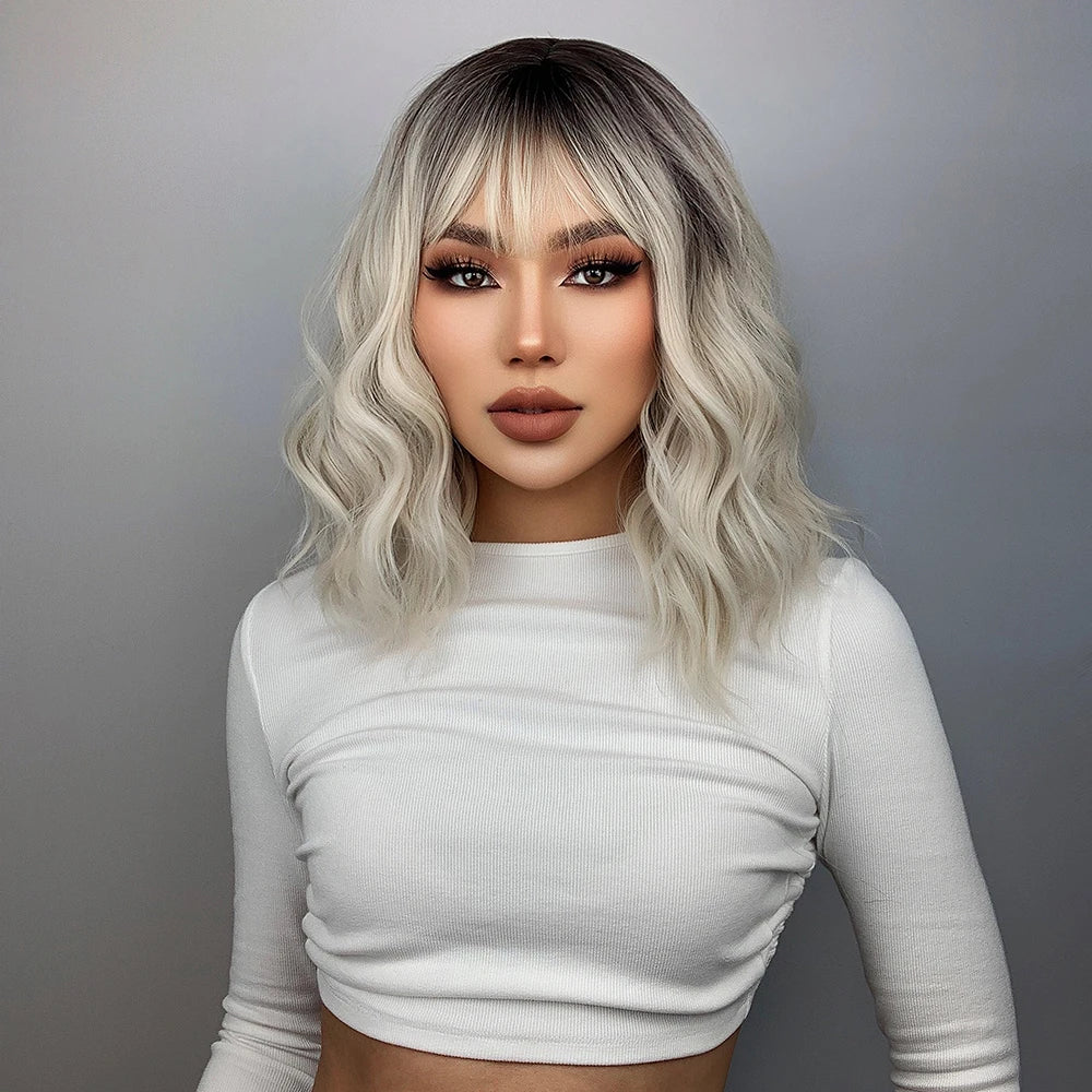 Ainizi Short Wave Daily Female Wigs Heat Resistant Ombre Brown Mixed Platinum High Density Machine Made Synthetic Wig with Bangs