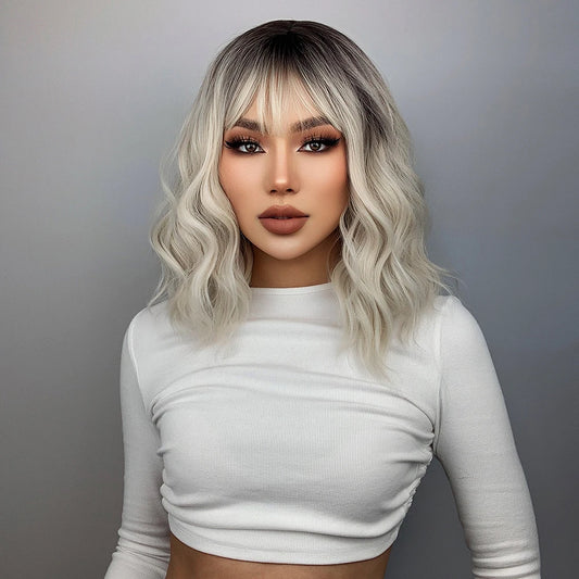 Ainizi Short Wave Daily Female Wigs Heat Resistant Ombre Brown Mixed Platinum High Density Machine Made Synthetic Wig with Bangs