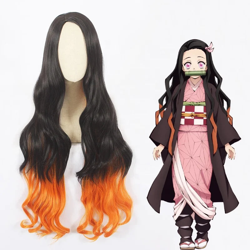 Wholesale 100cm Long Curly Black&Orange Mixed Demon Slayer Kamado Nezuko Wig Synthetic Anime Cosplay Wigs