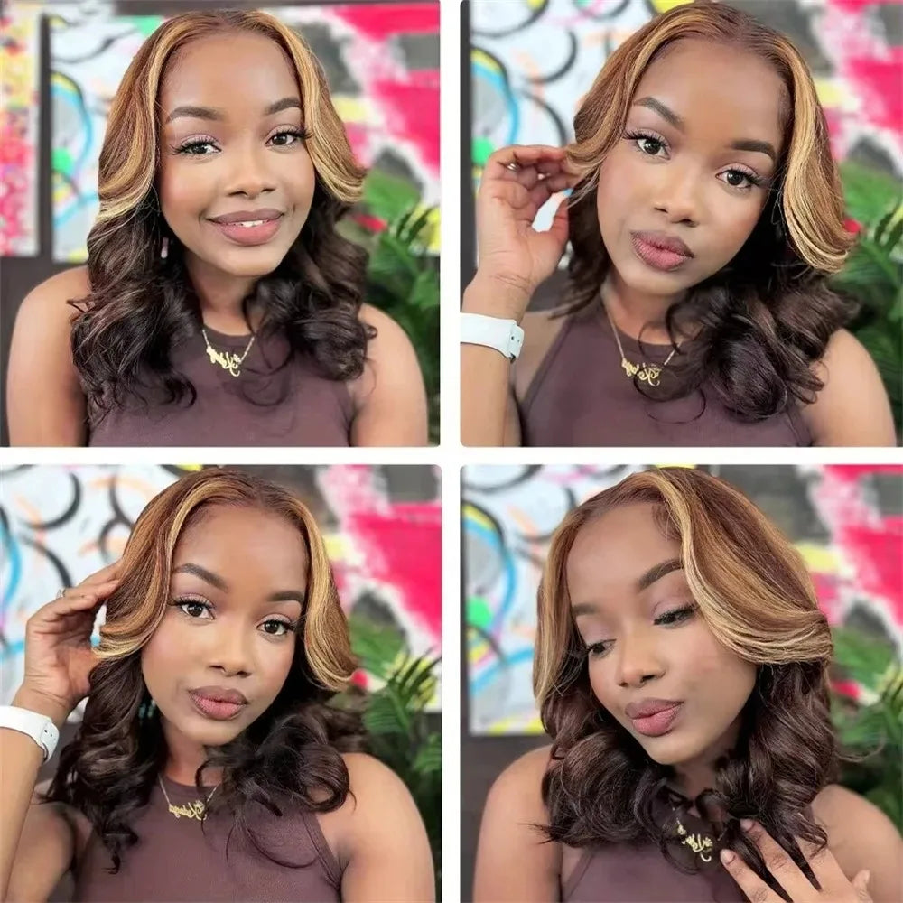 13*4 Transparent Lace Front Wig Brown Mix Blonde High Temperature Fiber Colorful Gradient Short Synthetic Hair Wig FX-HA104