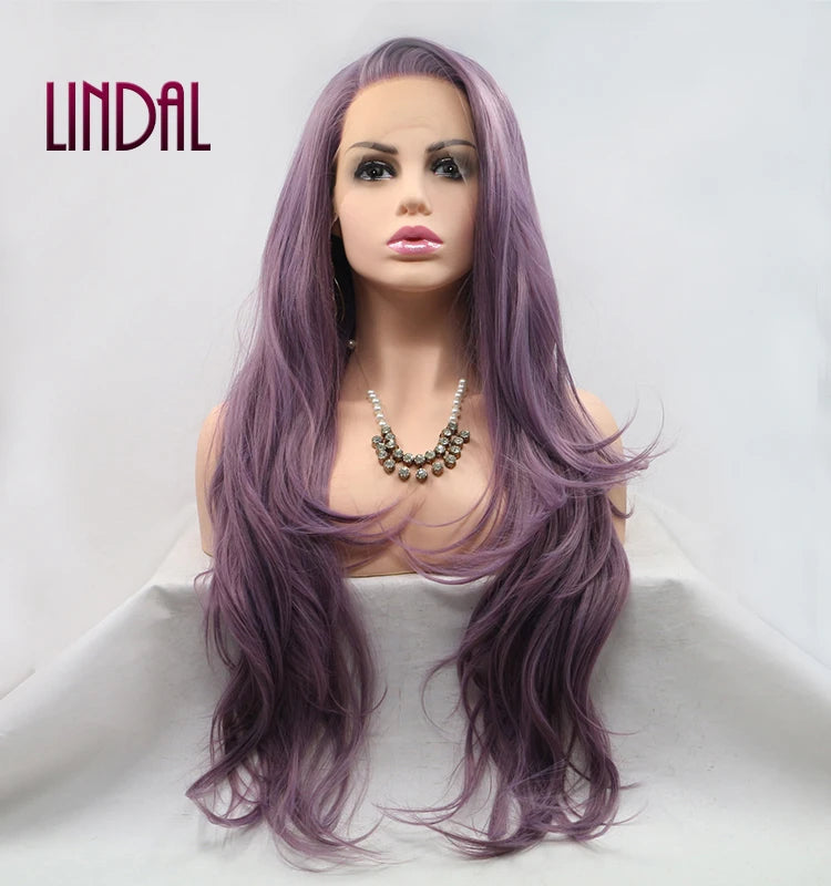 LINDALHAIR Long Wavy Synthetic Lace Front Wig Glueless Purple High Temperature Heat Resistant Fiber Hair Wigs for Women