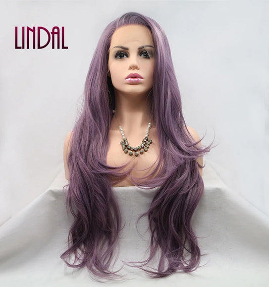 LINDALHAIR Long Wavy Synthetic Lace Front Wig Glueless Purple High Temperature Heat Resistant Fiber Hair Wigs for Women