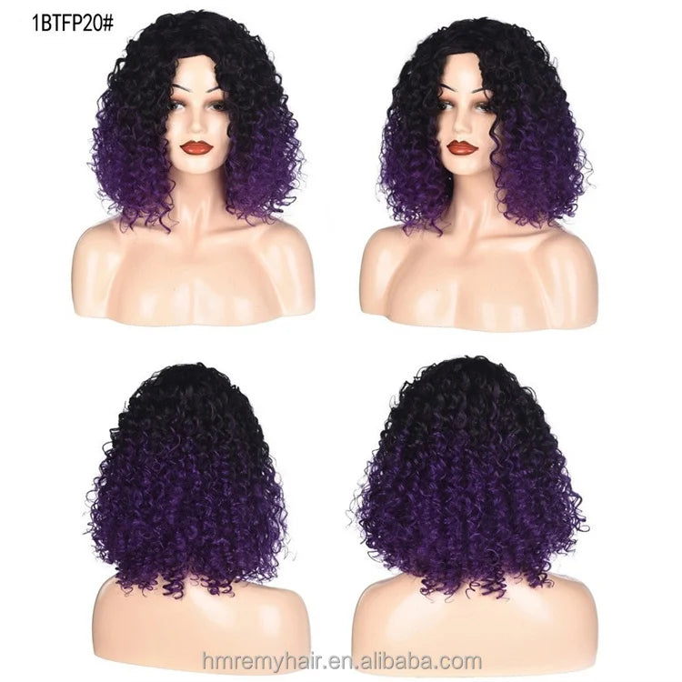 Fast Shipping in Stock  Kinky Curly Wig for Black Synthetic 16inch 1B/33 Black Purple Ombre Short BOB Wig Fior Black Women