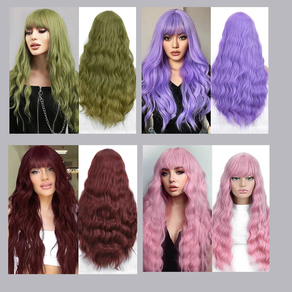 Wholesale Machine Made 28 Inch Long Natural Wave High Temperature Synthetic Hair Wigs 150% Density Unique Color Bangs Wig