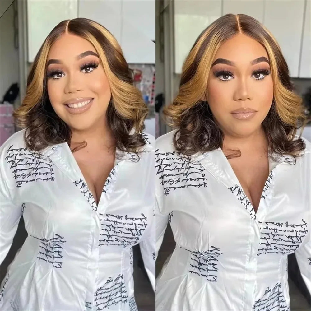 13*4 Transparent Lace Front Wig Brown Mix Blonde High Temperature Fiber Colorful Gradient Short Synthetic Hair Wig FX-HA104