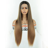 Wholesale High Temperature Fiber 30 Inches Long Straight Lace Wigs for Women Chocolate Brown Synthetic Lace Front Wigs