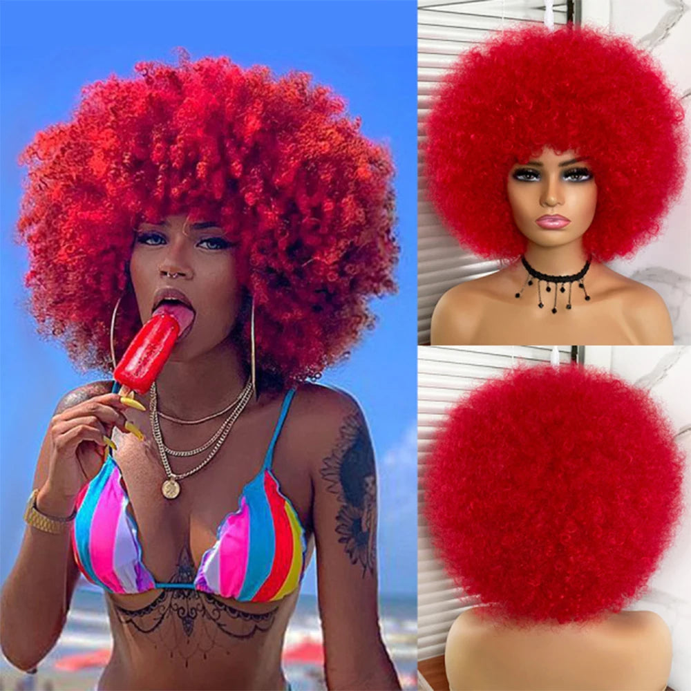 Short Hair Afro Kinky Curly Wigs With Bangs for Black Women African Synthetic Ombre Glueless Cosplay Natural Blonde Red Blue Wig