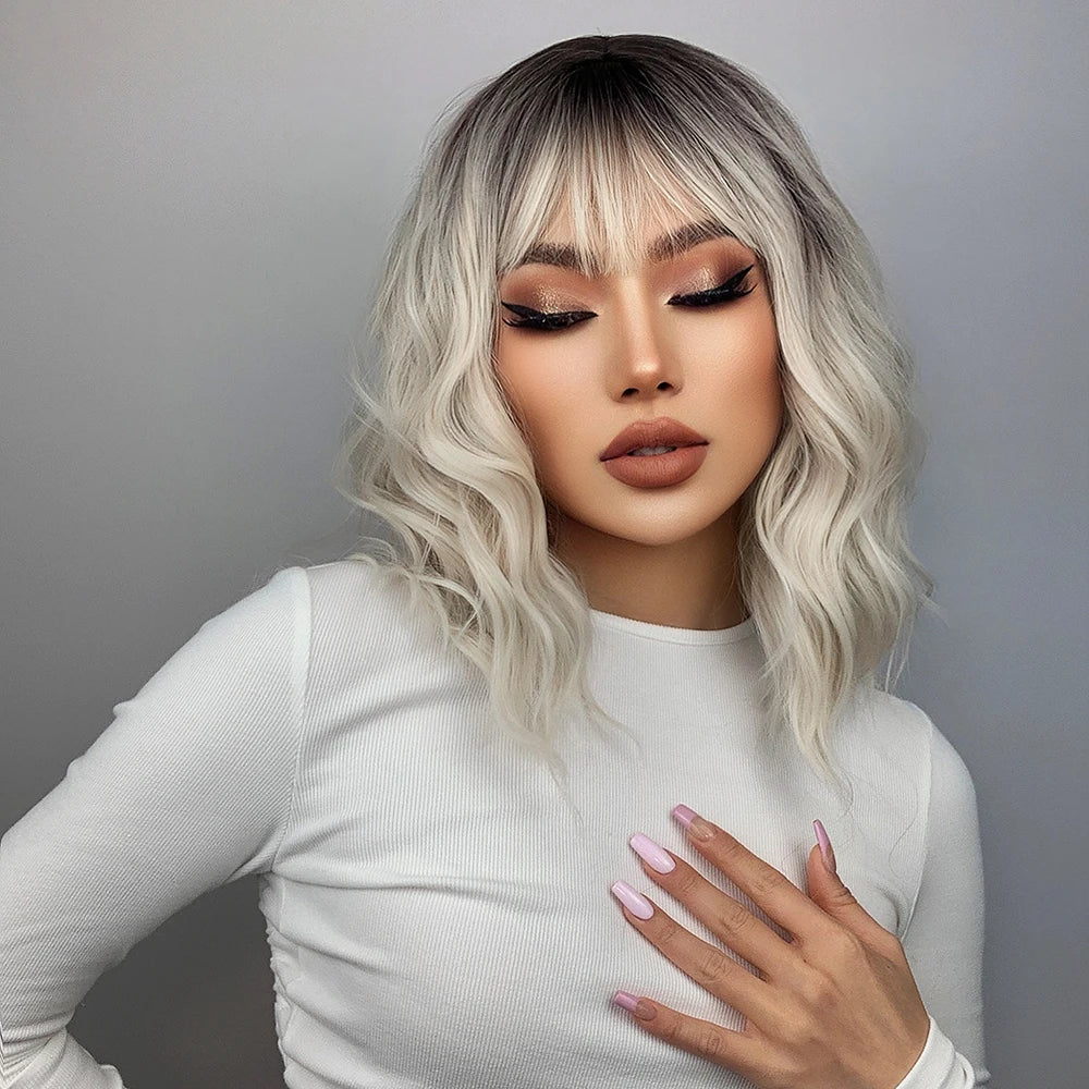 Ainizi Short Wave Daily Female Wigs Heat Resistant Ombre Brown Mixed Platinum High Density Machine Made Synthetic Wig with Bangs