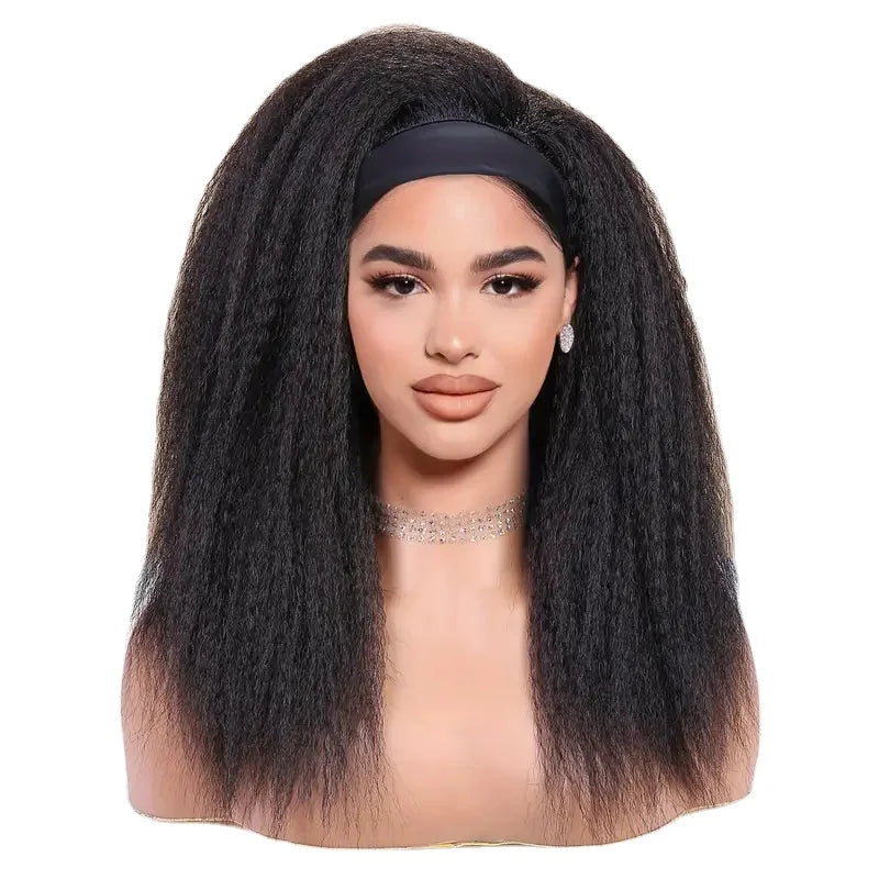 Luxury Glueless Synthetic Black Kinky Straight Headband Wig Heat Resistant High Temperature Fiber Machine Made Wigs for Women