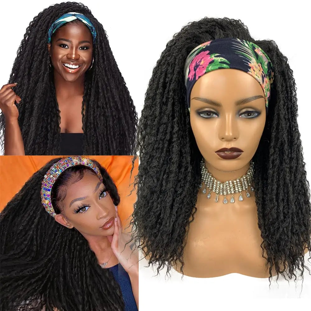 Long Headband Synthetic Braided Wigs With Curly Faux Locs Crochet Braiding Hair Dreadlocks Wrap Wigs for Black Women