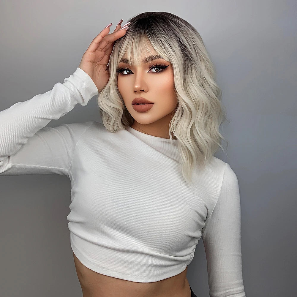 Ainizi Short Wave Daily Female Wigs Heat Resistant Ombre Brown Mixed Platinum High Density Machine Made Synthetic Wig with Bangs