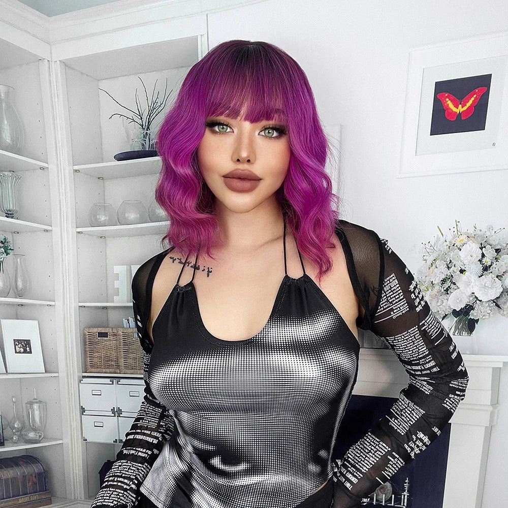 Ainizi Short Wave Daily Female Wigs Heat Resistant Ombre Brown Mixed Platinum High Density Machine Made Synthetic Wig with Bangs