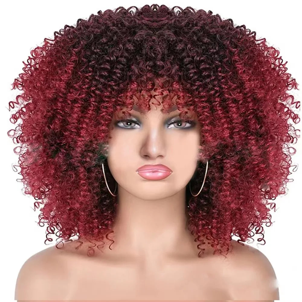 Afro Kinky Curly Wigs With Bangs for Black Women High Temperature African Synthetic Ombre Glueless Cosplay Wigs