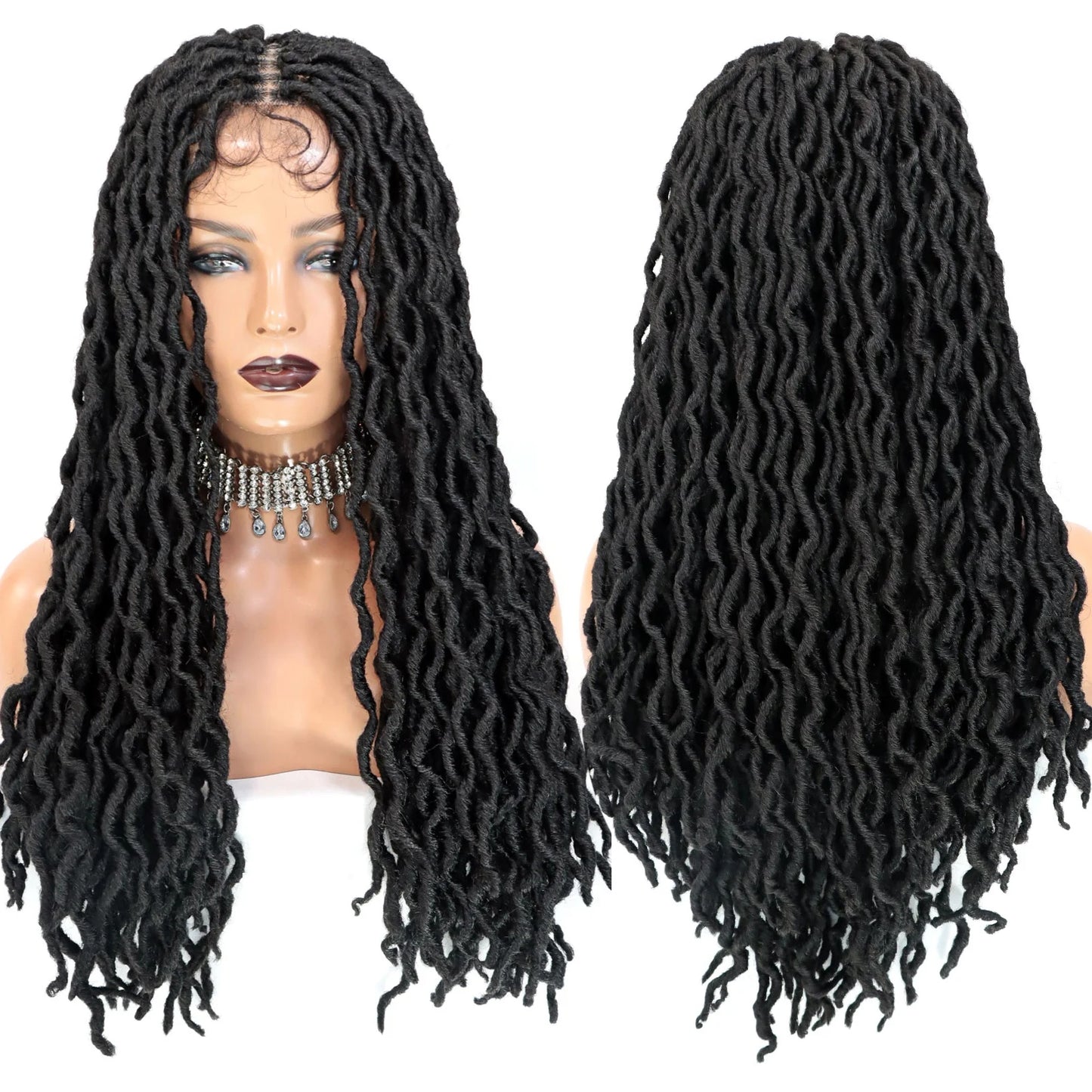 Braided Lace Front Wigs for Black Women 26inch Goddess Wavy Locs Crochet Braid Hair Soft Faux Locs Dreadlocks Synthetic Lace Wig
