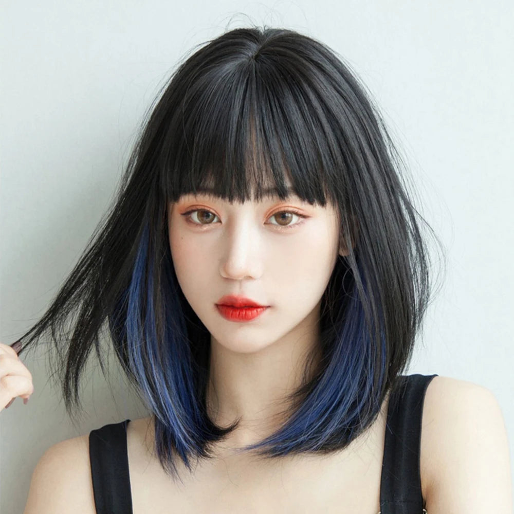 Ainizi 12'' Short bob Black Machine Made Elegant Fashion Synthetic Hair Wigs With Bangs for Women