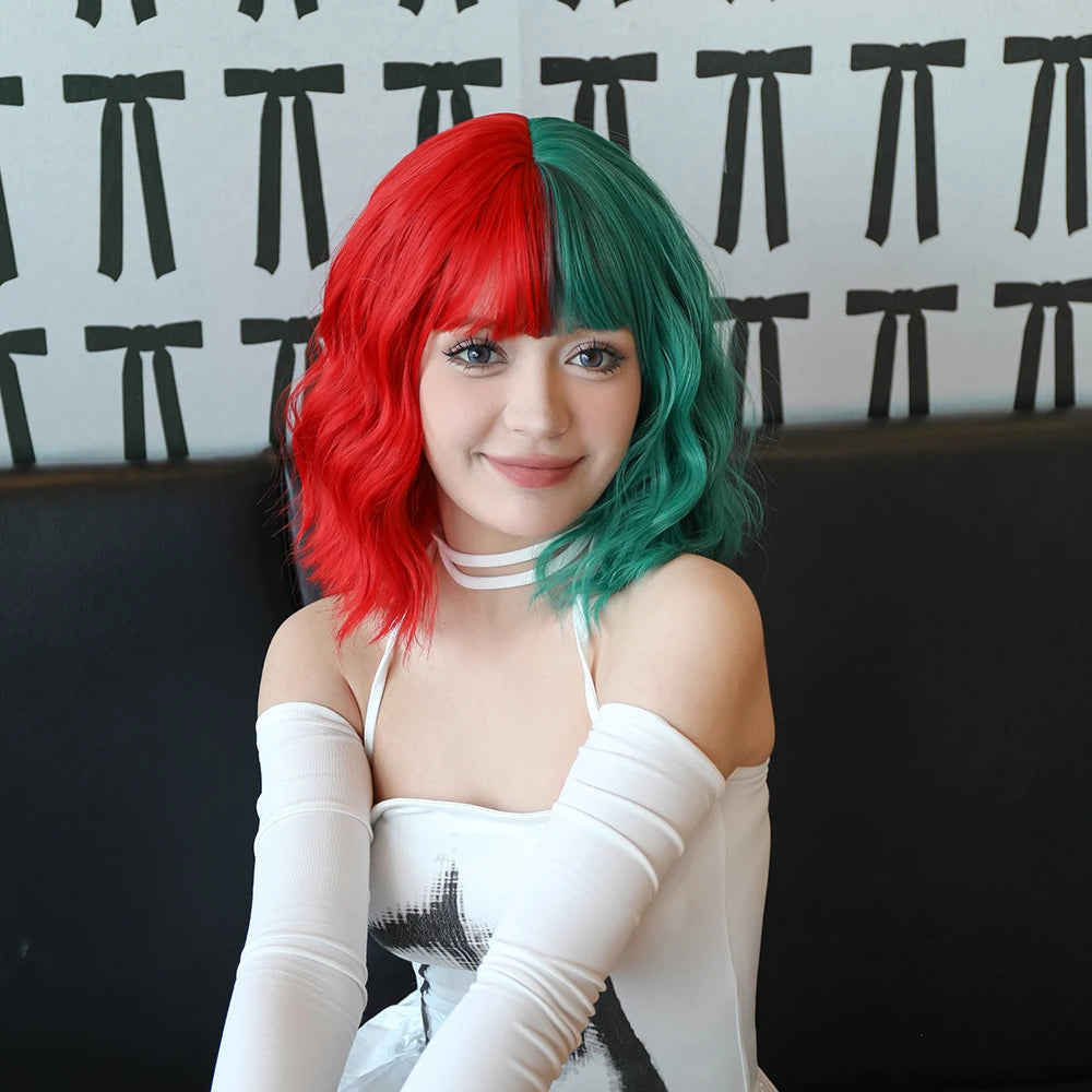 Ainizi Short Wave Daily Female Wigs Heat Resistant Ombre Brown Mixed Platinum High Density Machine Made Synthetic Wig with Bangs