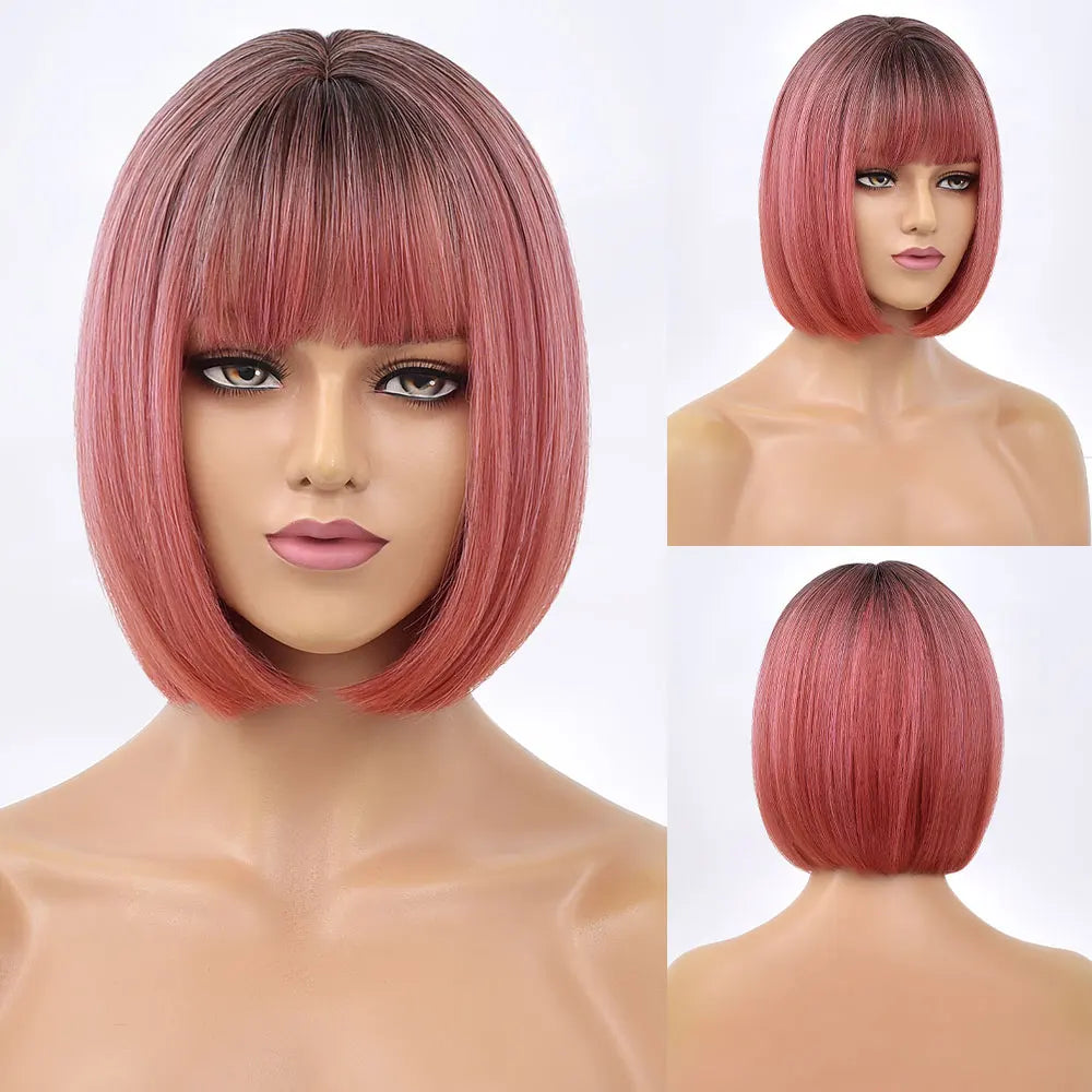 Ainizi 12'' Short bob Black Machine Made Elegant Fashion Synthetic Hair Wigs With Bangs for Women