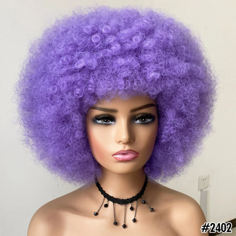 Short Hair Afro Kinky Curly Wigs With Bangs for Black Women African Synthetic Ombre Glueless Cosplay Natural Blonde Red Blue Wig