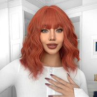 Ainizi Short Wave Daily Female Wigs Heat Resistant Ombre Brown Mixed Platinum High Density Machine Made Synthetic Wig with Bangs