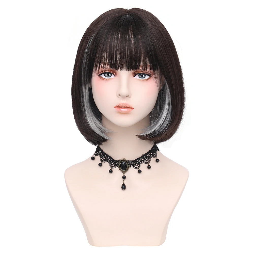 Ainizi 12'' Short bob Black Machine Made Elegant Fashion Synthetic Hair Wigs With Bangs for Women