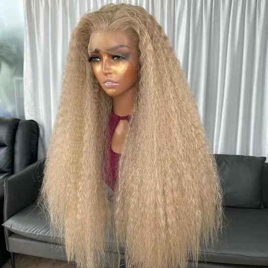 Hot Selling Pre Plucked Hairline 613# Kinky Straight Heat Resistant Glueless Synthetic Lacefront Wig for Black Womens Daily Use