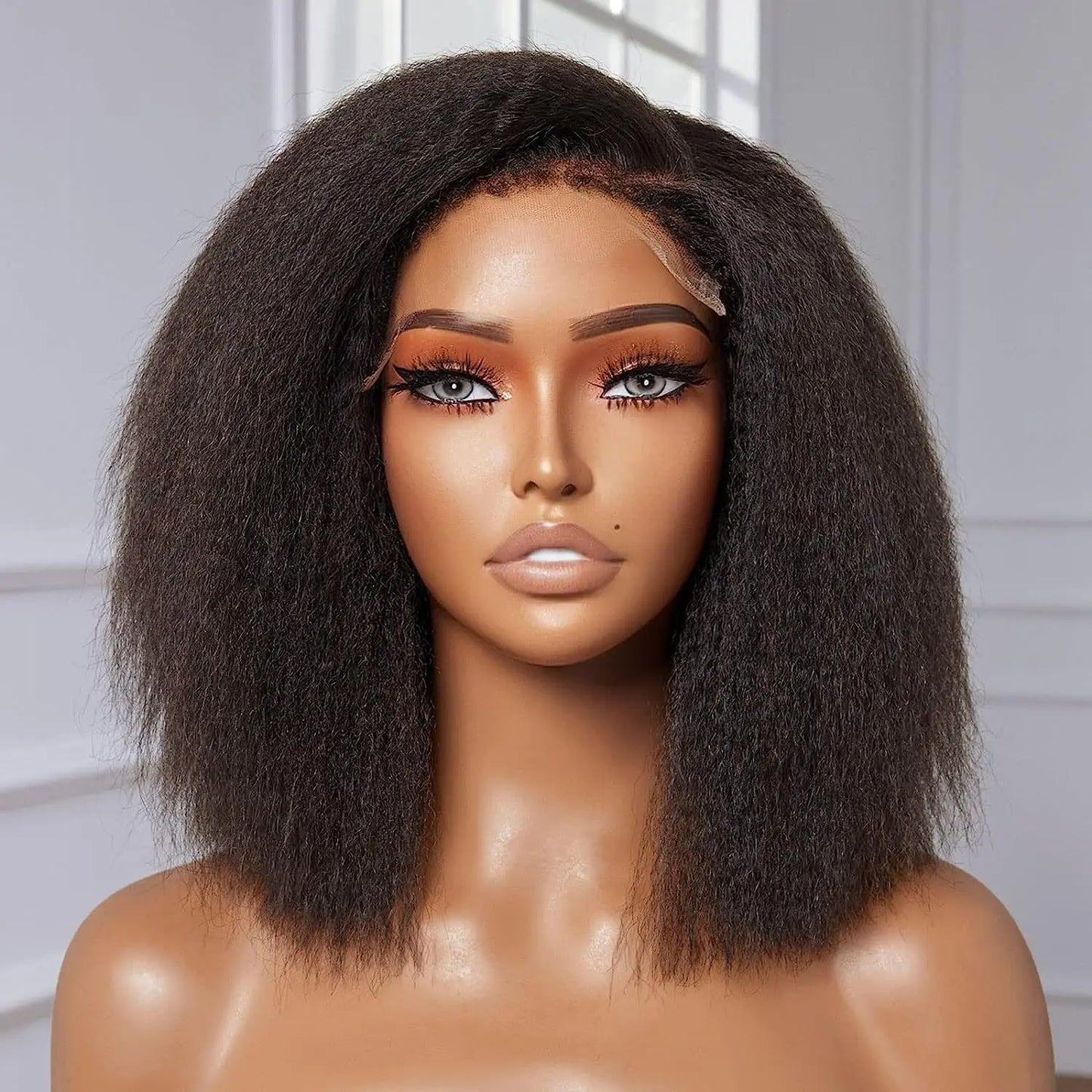 Factory Wholesale Yaki Kinky Straight Black Glueless Lace Front Short Synthetic Hair Wigs for Afro Black Women