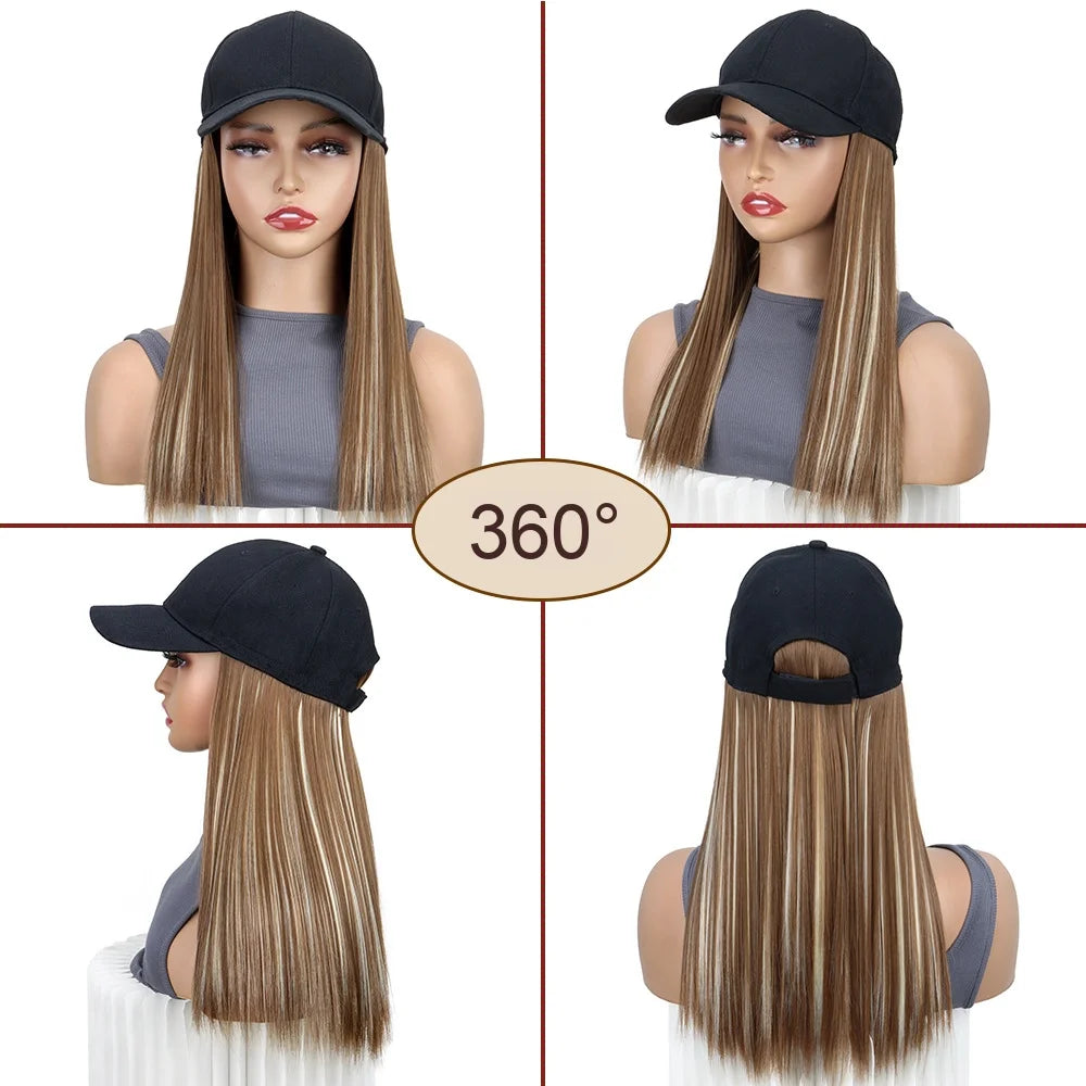 Women  Natural Looking Hat Wigs Short Straight 18inch Bob Hair Wig With Baseball Hat Heat Resistant Hair With Adjustable Hat