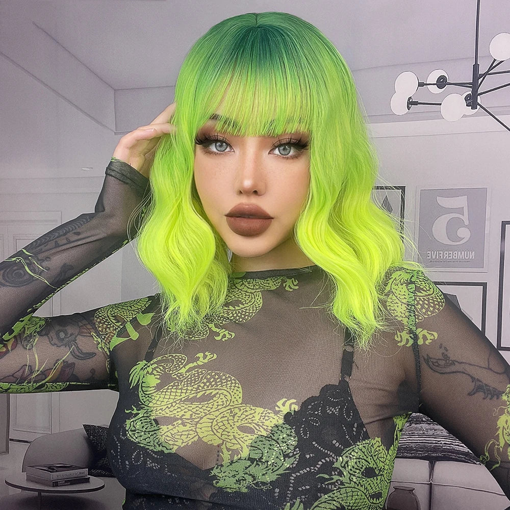 Ainizi Short Wave Daily Female Wigs Heat Resistant Ombre Brown Mixed Platinum High Density Machine Made Synthetic Wig with Bangs