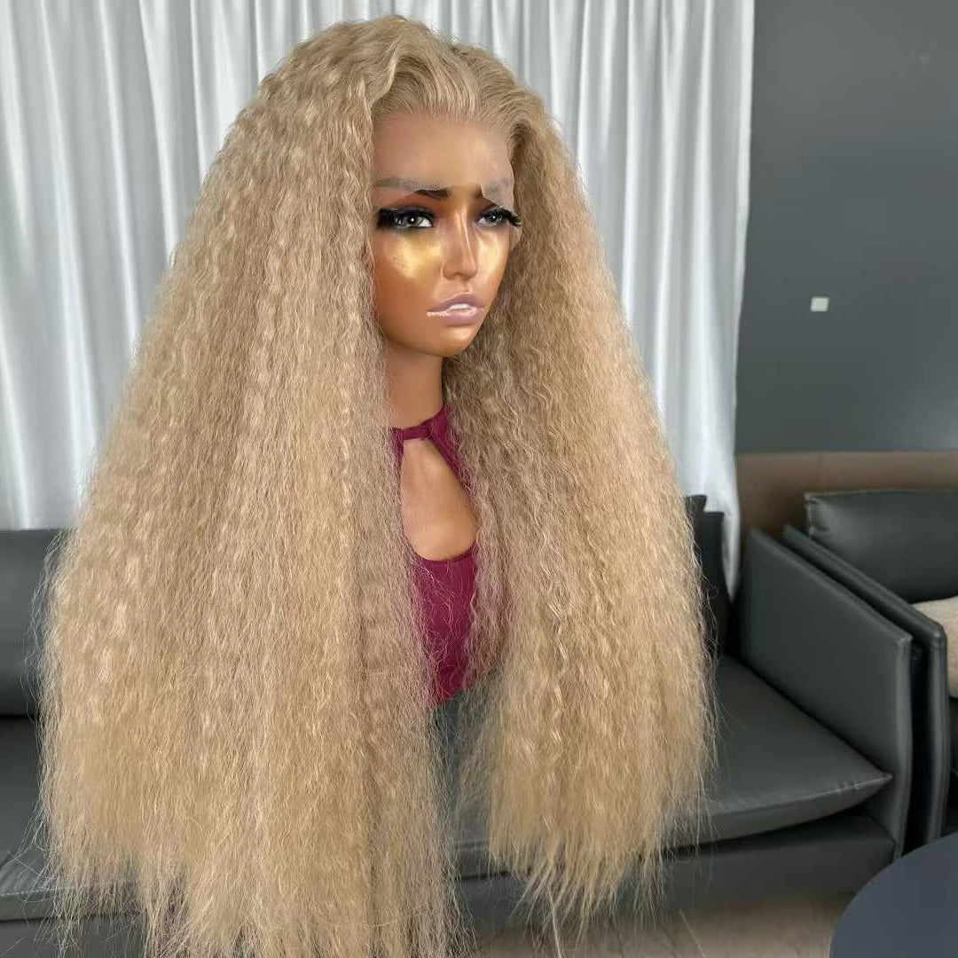 Hot Selling Pre Plucked Hairline 613# Kinky Straight Heat Resistant Glueless Synthetic Lacefront Wig for Black Womens Daily Use