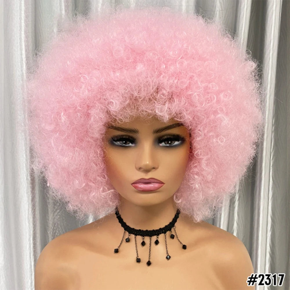 Short Hair Afro Kinky Curly Wigs With Bangs for Black Women African Synthetic Ombre Glueless Cosplay Natural Blonde Red Blue Wig
