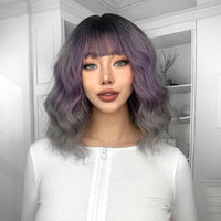 Ainizi Short Wave Daily Female Wigs Heat Resistant Ombre Brown Mixed Platinum High Density Machine Made Synthetic Wig with Bangs