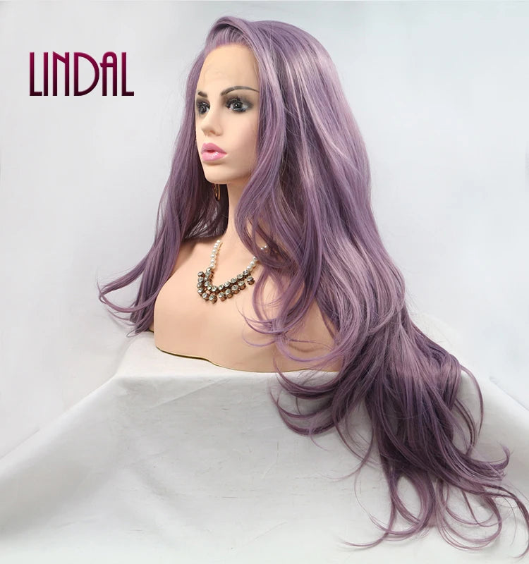 LINDALHAIR Long Wavy Synthetic Lace Front Wig Glueless Purple High Temperature Heat Resistant Fiber Hair Wigs for Women