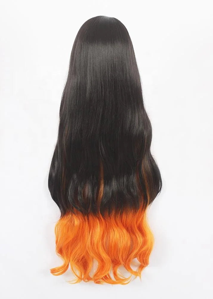 Wholesale 100cm Long Curly Black&Orange Mixed Demon Slayer Kamado Nezuko Wig Synthetic Anime Cosplay Wigs