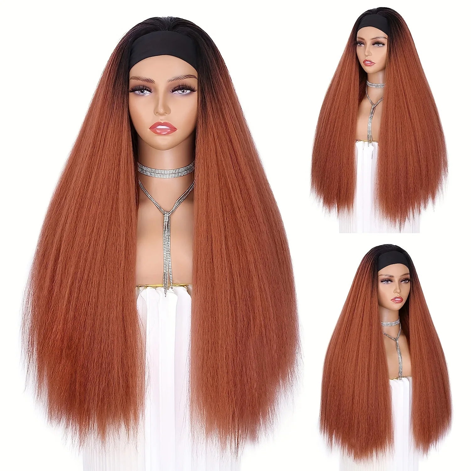 26Inch YaKi Straight Headband Wigs for Black Woman Glueless Headband Wig Synthetic Wig Heat Resistant for Women Hair