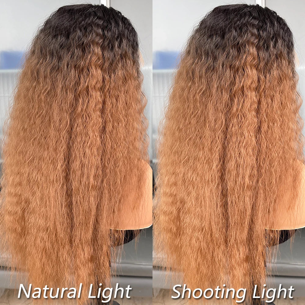 Long Ombre Brown Color Kinky Straight 13X6 Synthetic Lace Front Wigs for Black Women Futura Fiber Hair Heat Resistant Hair Wigs