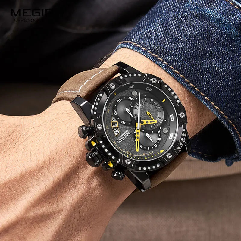 MEGIR Casual Watch Men Top Brand Luxury Chronograph Quartz Wristwatch Leather Strap Army Sport Watches Relogios Masculio 2130