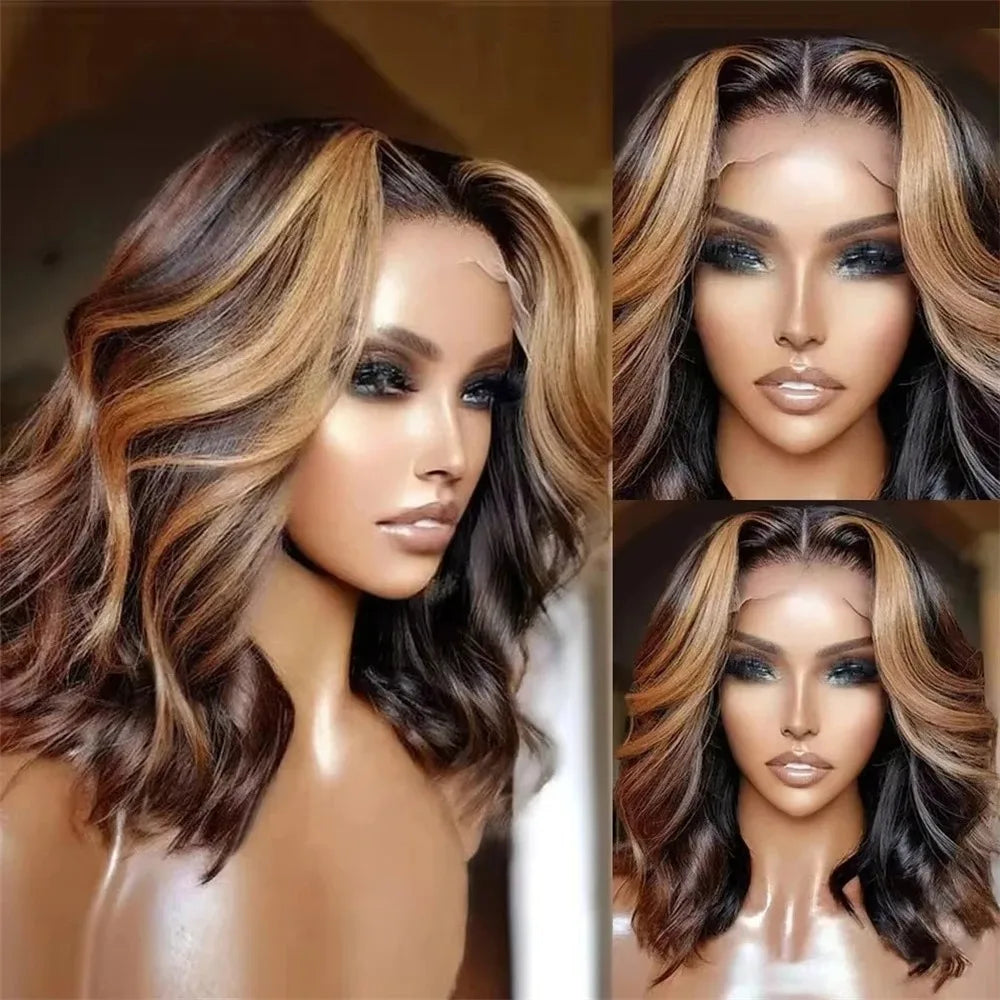 13*4 Transparent Lace Front Wig Brown Mix Blonde High Temperature Fiber Colorful Gradient Short Synthetic Hair Wig FX-HA104