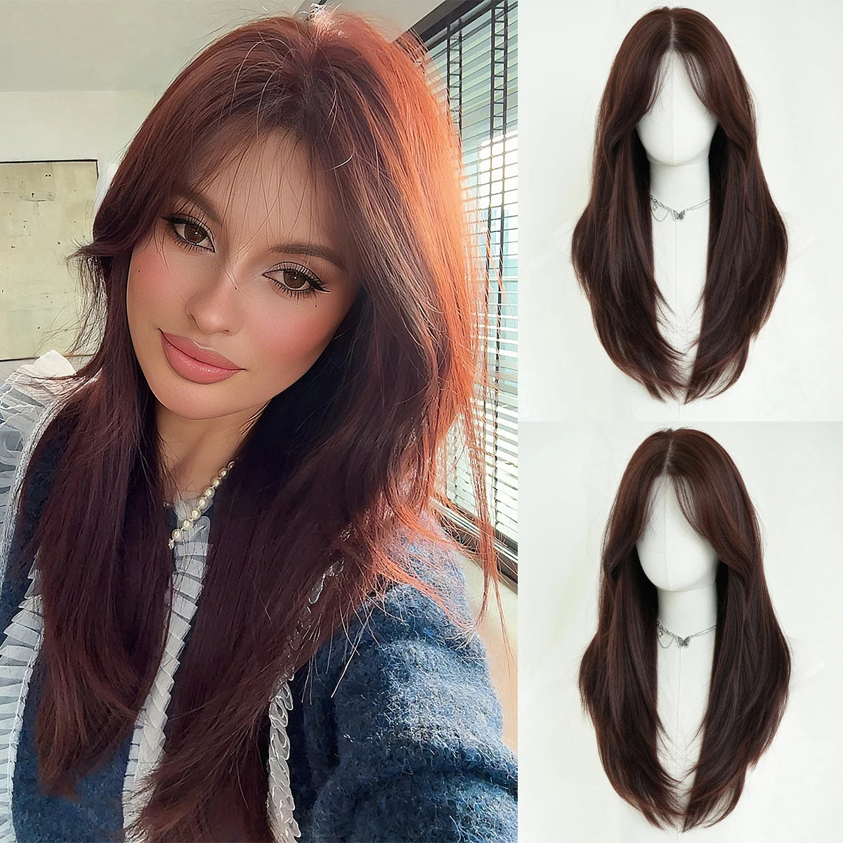 Monotop U Lace Long Straight Layered Wig for Women 26 Inches Friendly Heat Resistant Synthetic Burgundy Wig Natural Hairline