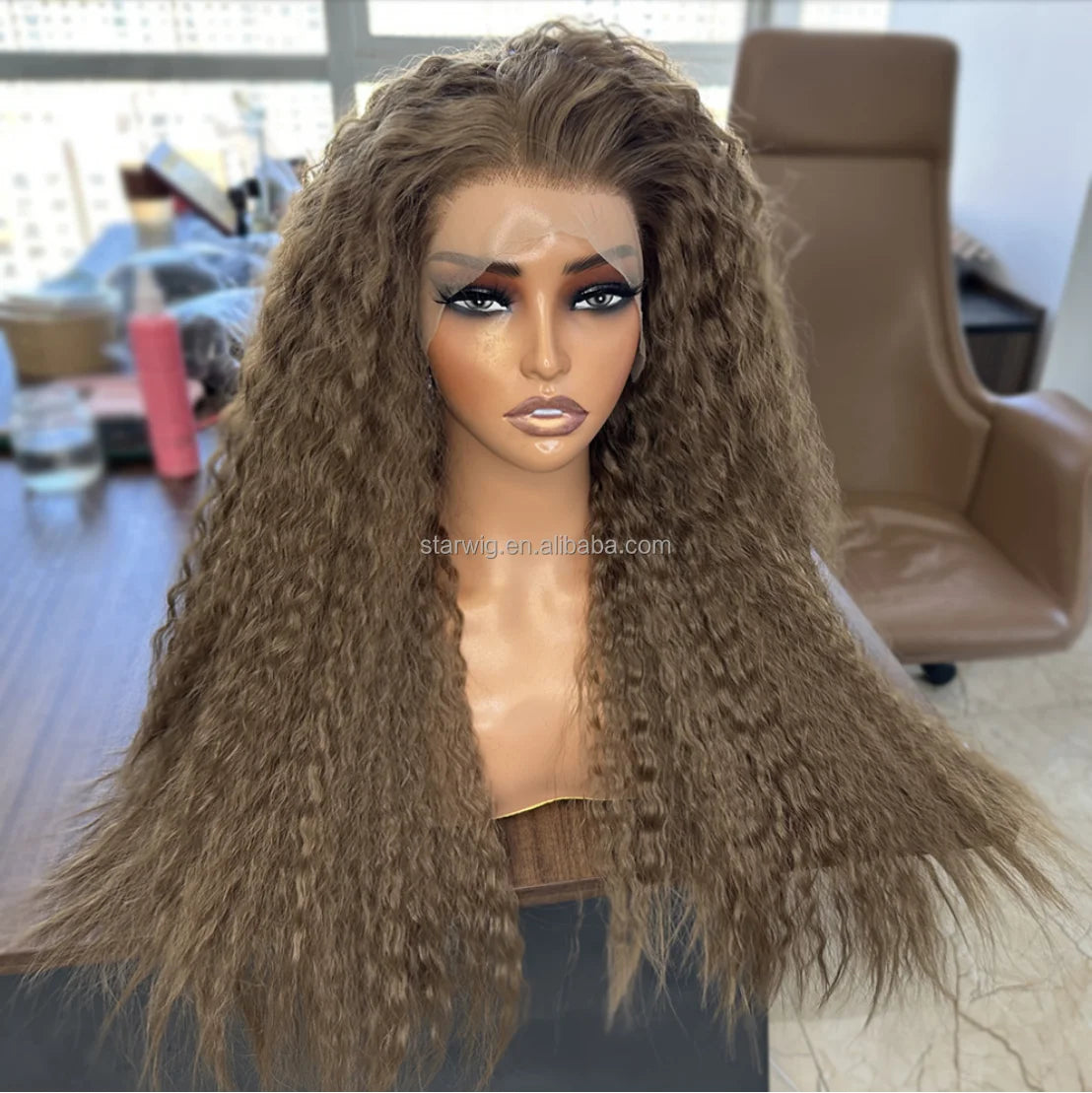 Hot Selling Pre Plucked Hairline 613# Kinky Straight Heat Resistant Glueless Synthetic Lacefront Wig for Black Womens Daily Use