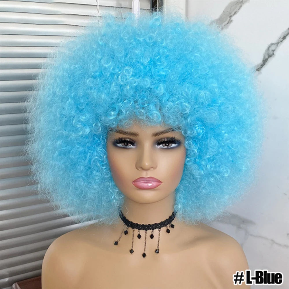 Short Hair Afro Kinky Curly Wigs With Bangs for Black Women African Synthetic Ombre Glueless Cosplay Natural Blonde Red Blue Wig